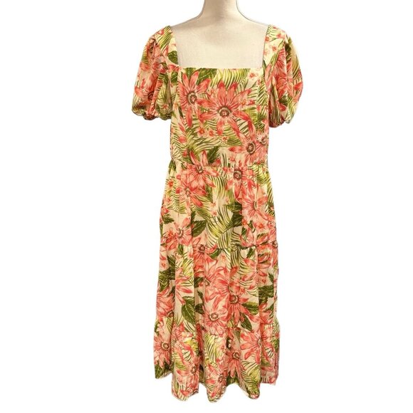 Julia Jordan Dress Womens 14 Tropical Floral Smocked Tiered Midi Vacation Resort - Picture 1 of 13